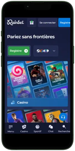 Page d'accueil de RainBet Casino Mobile