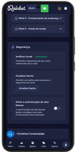Página de segurança do Rainbet mostra o e-mail verificado com sucesso após confirmação da conta