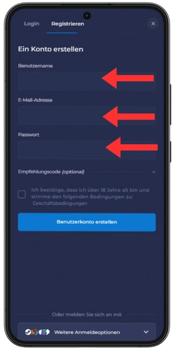 Rainbet Registrierungsformular mit Feldern für Benutzername, E-Mail-Adresse und Passwort sowie Bestätigung der Altersangabe von 18 Jahren