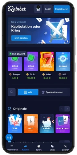 Rainbet Startseite mit blauem Registrieren-Button oben rechts und Zugang zu Kasino und Sportwetten für deutsche Spieler