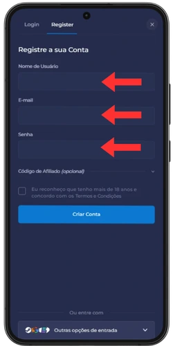 Campos de nome de utilizador, e-mail e senha no formulário de registo do Rainbet com confirmação de idade